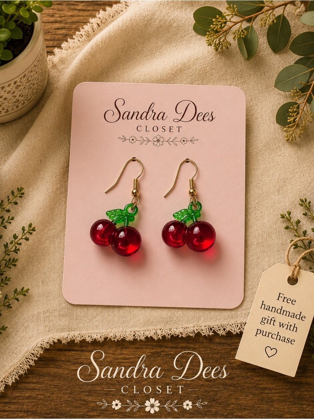 Sandra Dees Closet Red Cherry Dangle Earrings